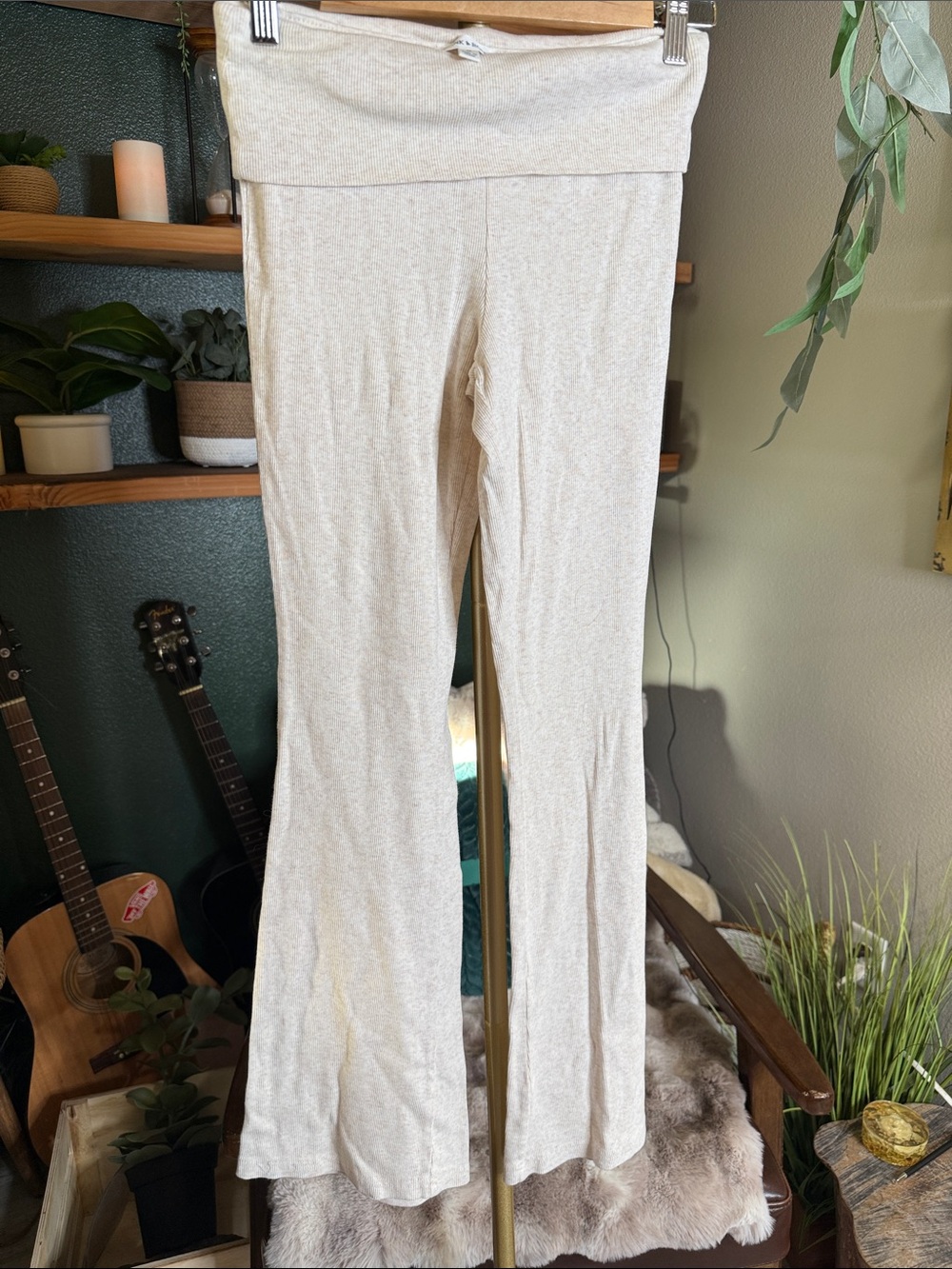 Pink Rose Cream Fold-Over Waist Boot Cut Lounge Pants